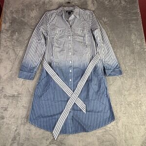 Lands' End Shirt Dress Women S 6-8 Blue White Striped Ombre Belted Cotton 521752